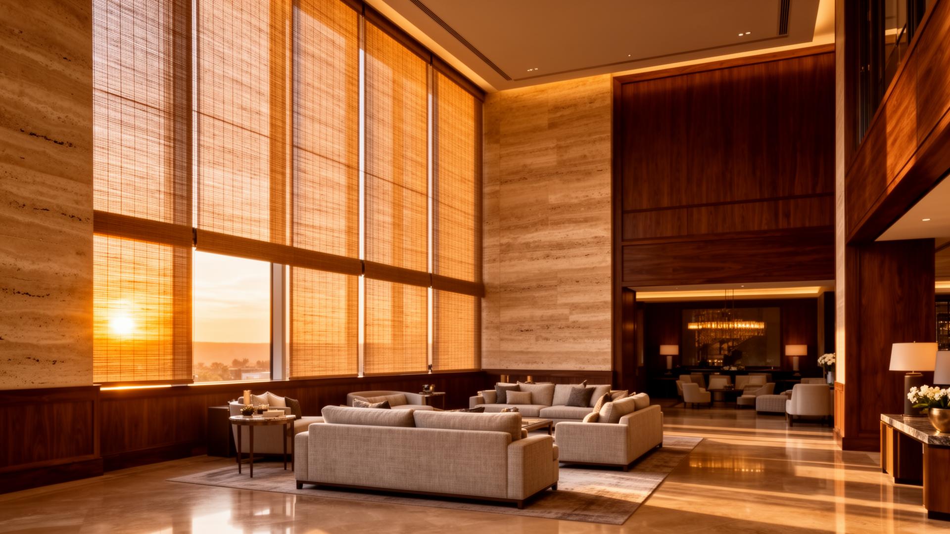Luxury hospitality lobby with natural woven shades at sunset