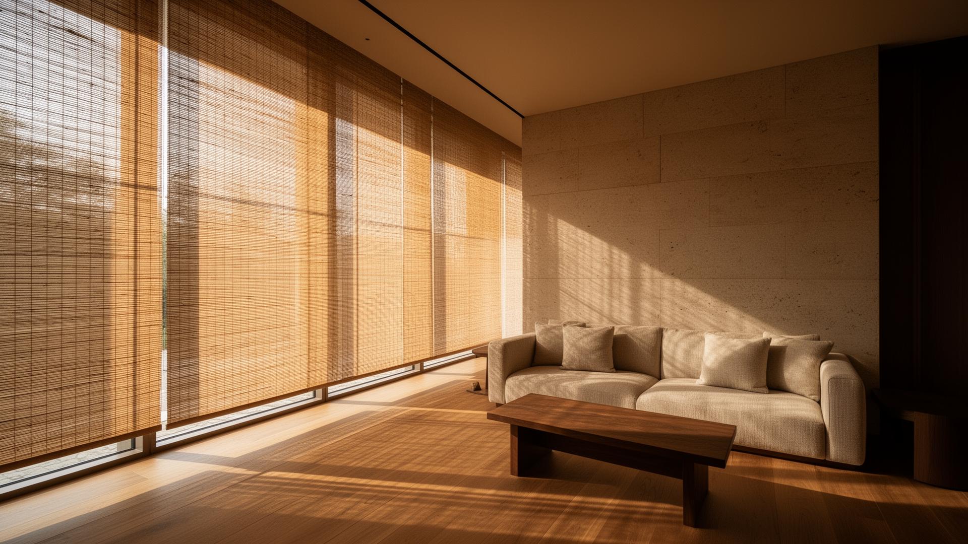 Natural woven roller shades filtering warm sunlight in a modern architectural interior